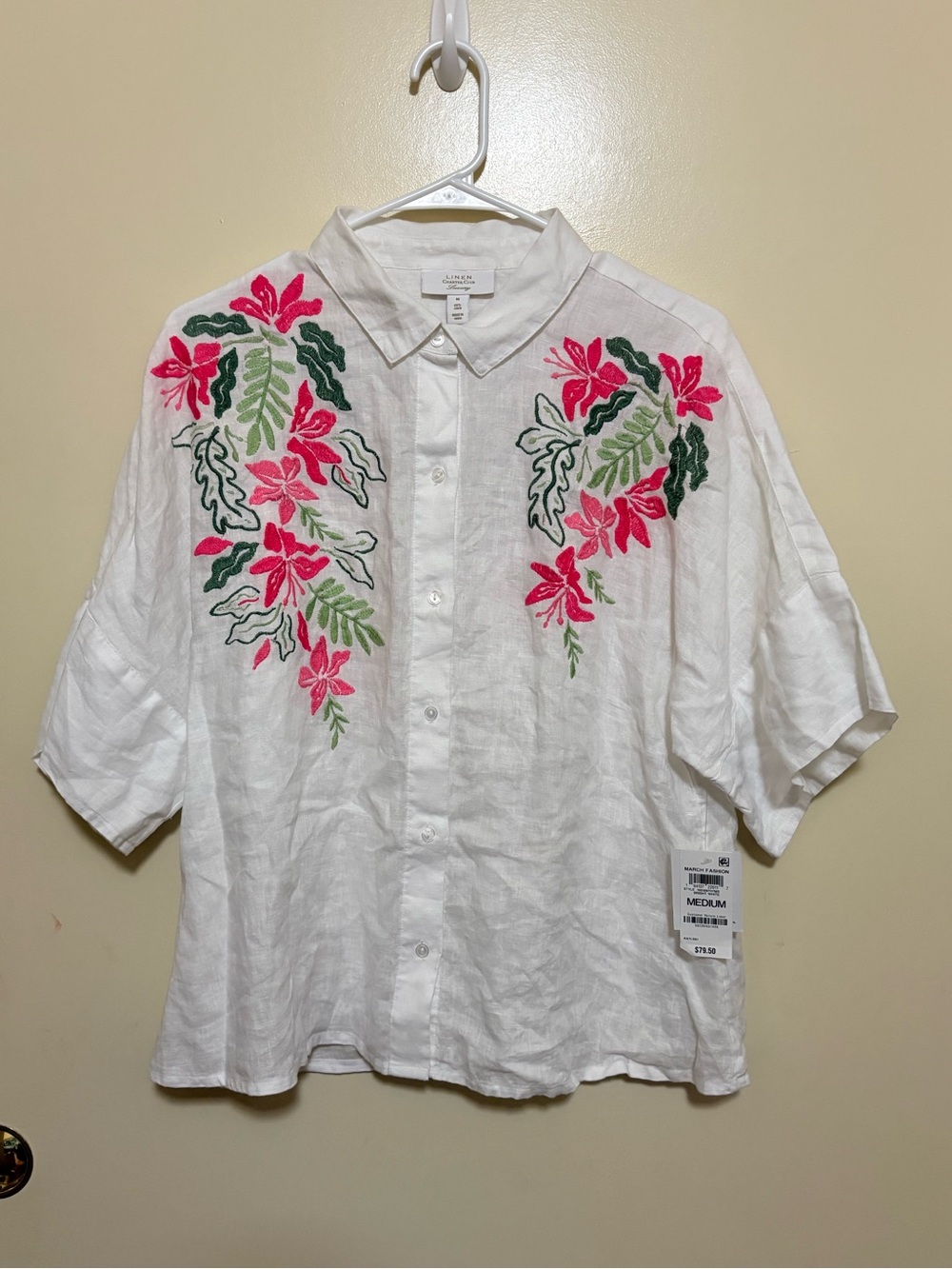 Charter Club White Button-Down Shirt with Pink & Green Floral Embroidery